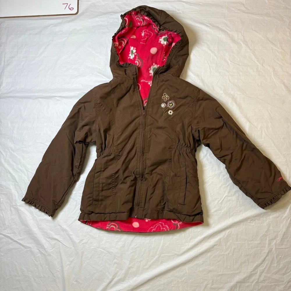 OshKosh B'gosh Girls Reversible Hooded‎ Jacket Brown/Pink Fleece Size 6X